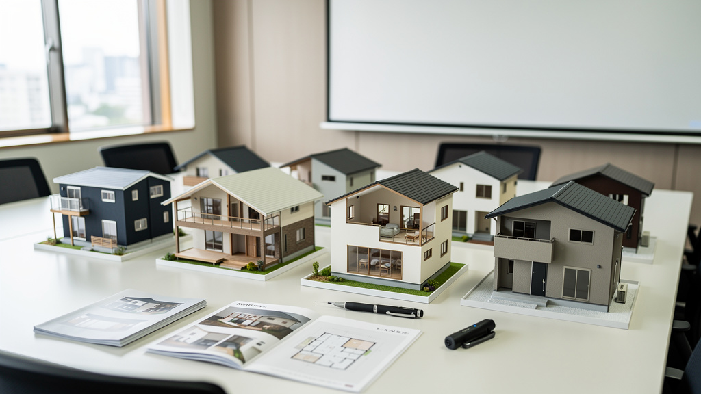 様々な家の模型を並べ、比較しているイラスト