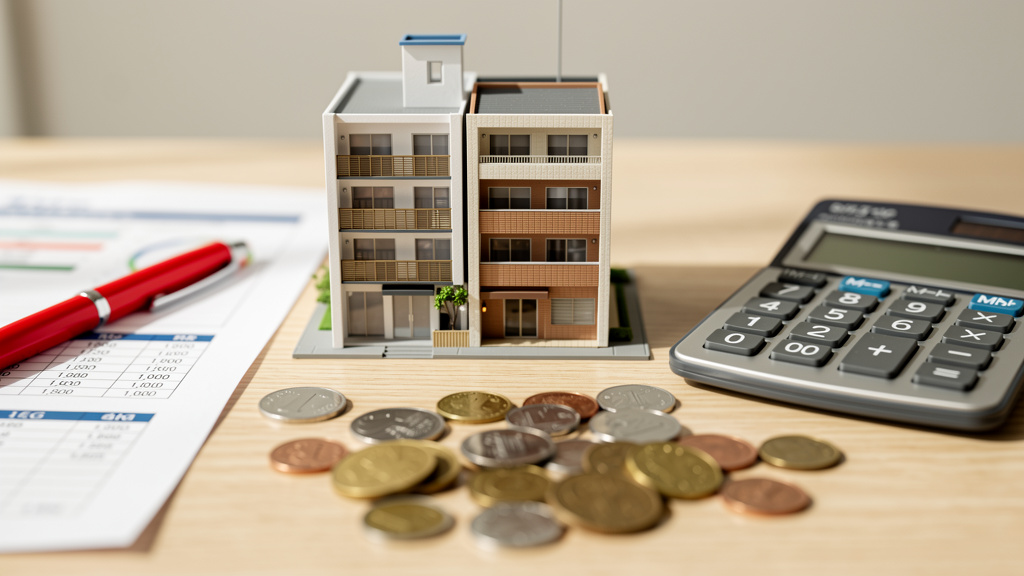 マンションの模型の周りに電卓、コイン、赤ペンが置かれているイラスト