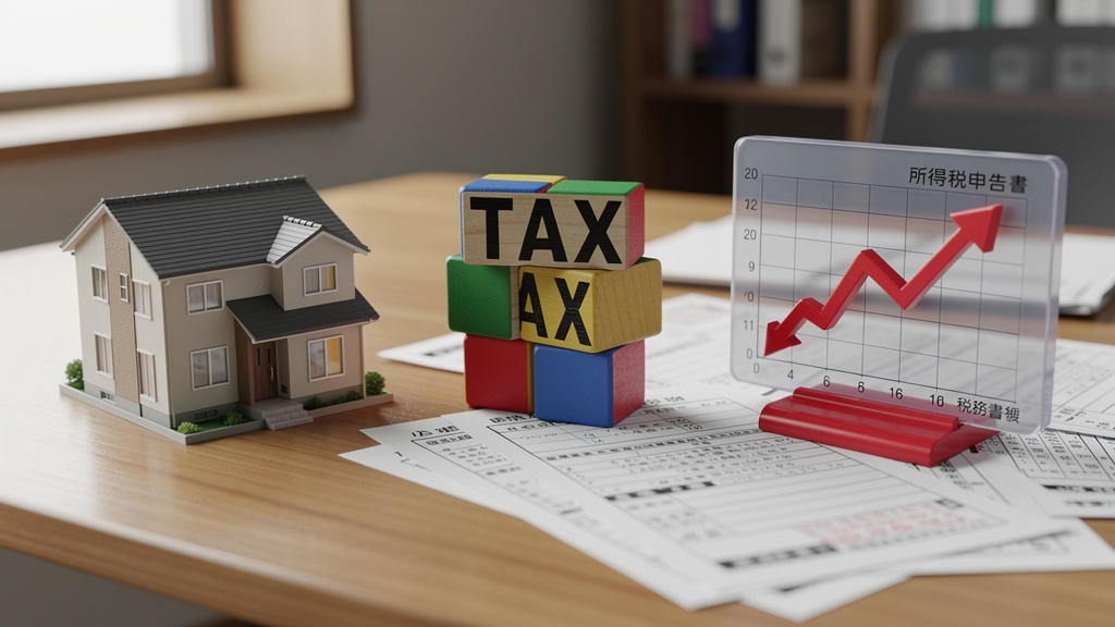 家の模型と書類やグラフの模型が机に置かれているイラスト