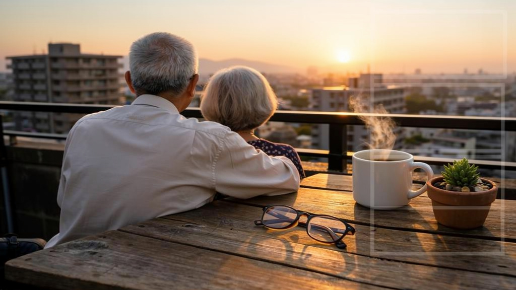夕日を眺めるおじいさんとおばあさんの後ろ姿のイラスト