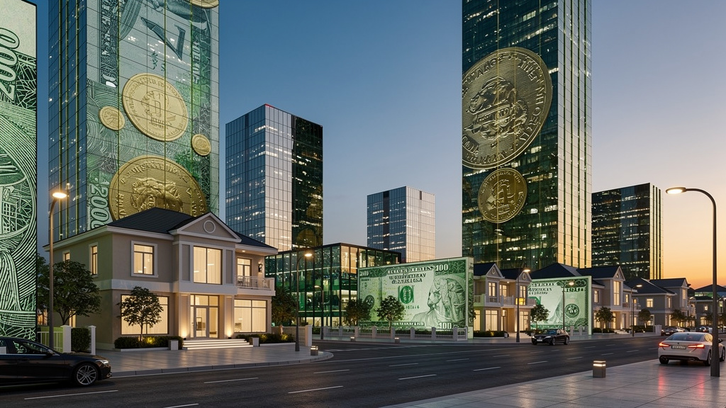 お金でできた建物や街のイラスト