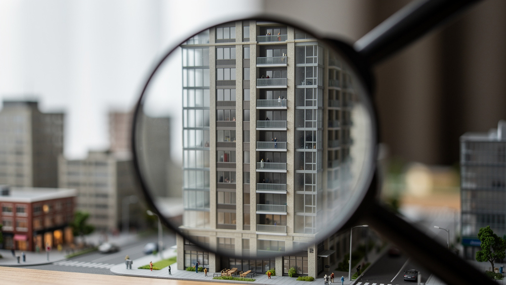 タワーマンションの模型を虫眼鏡で覗くイラスト