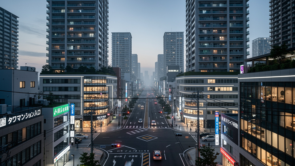 近未来感のある街とタワーマンションのイラスト