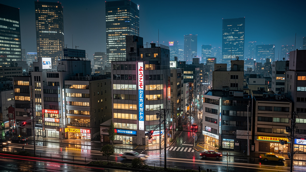 日本の都市、夜の街並みのイラスト