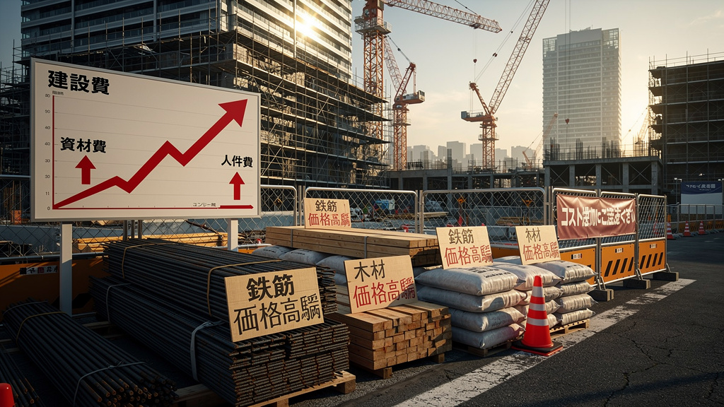再開発現場で資材が高騰していることを伝えているイラスト