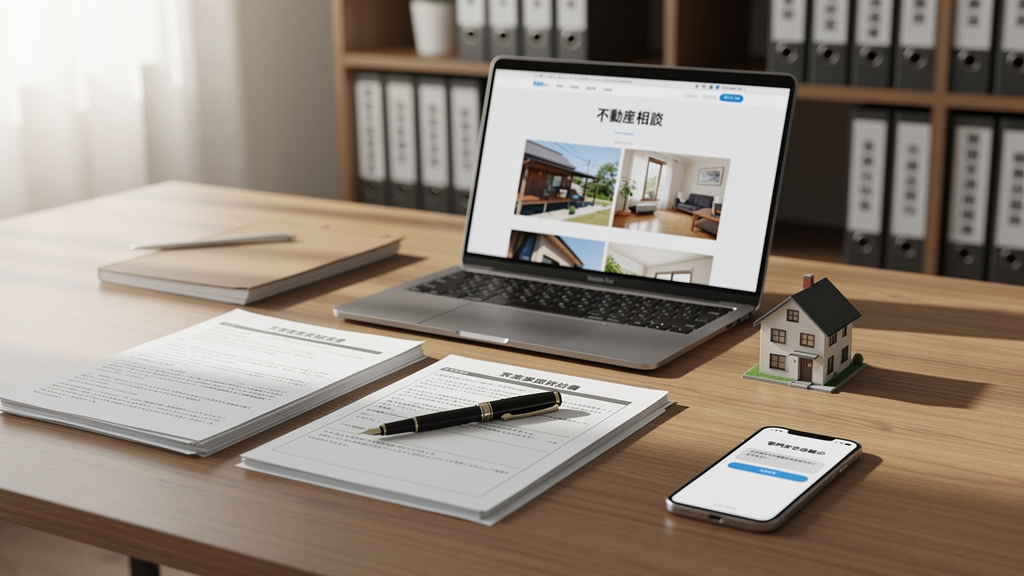 不動産についてパソコンや資料で調べているイラスト