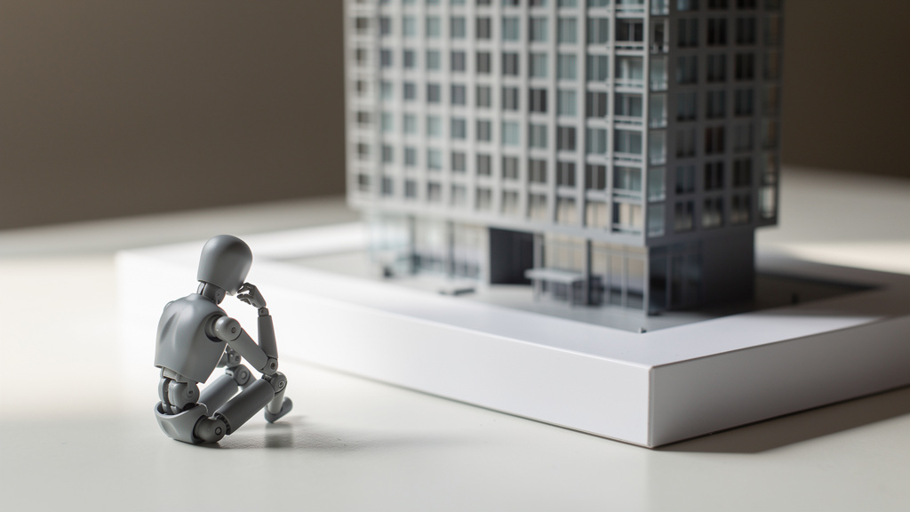 高層ビルの模型の前で人型の模型が考え込んでいるイラスト