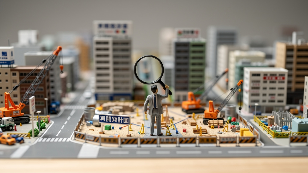 再開発されていく街を人が虫眼鏡で覗いているイラスト