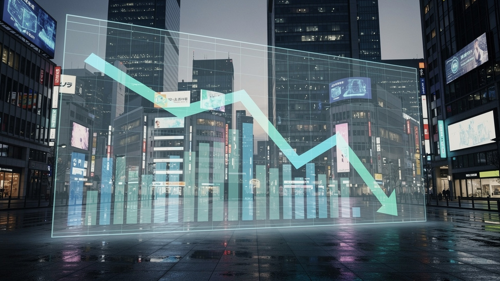 再開発の街と、下落を意味するグラフのイラスト