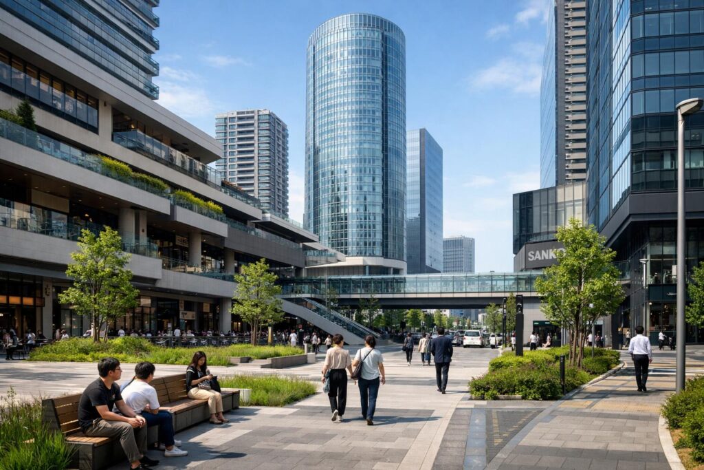 再開発により整備された街並みとそこで生活する人々のイラスト