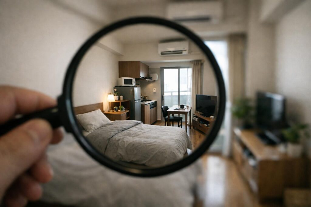 ワンルームの部屋の内装を虫眼鏡で覗くイラスト